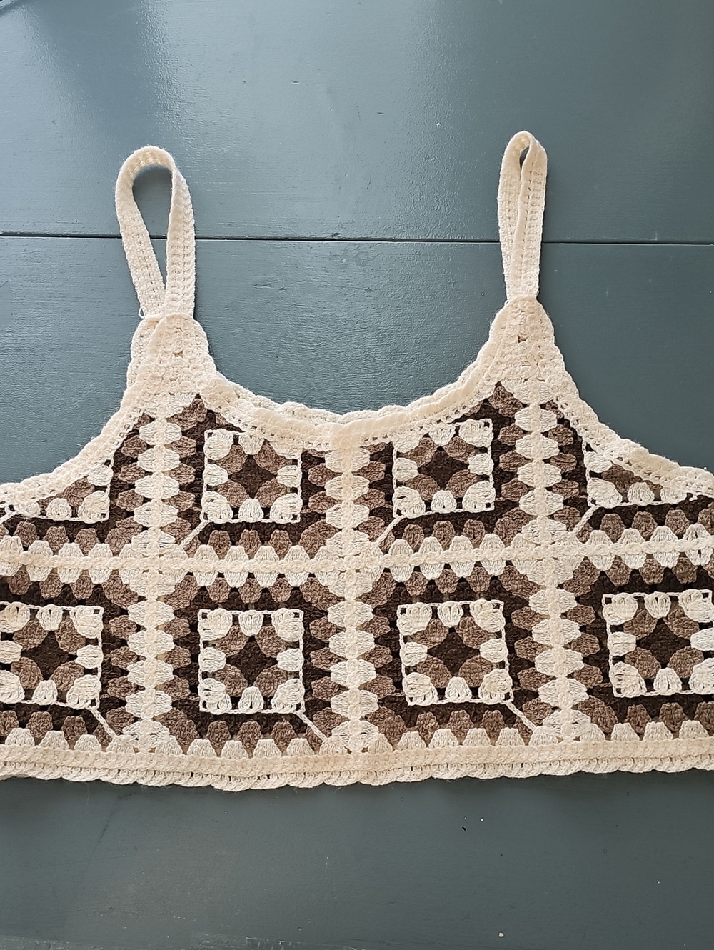 Rebellion Cream and Brown Crochet Granny Squares Crop Camisole. Meduim